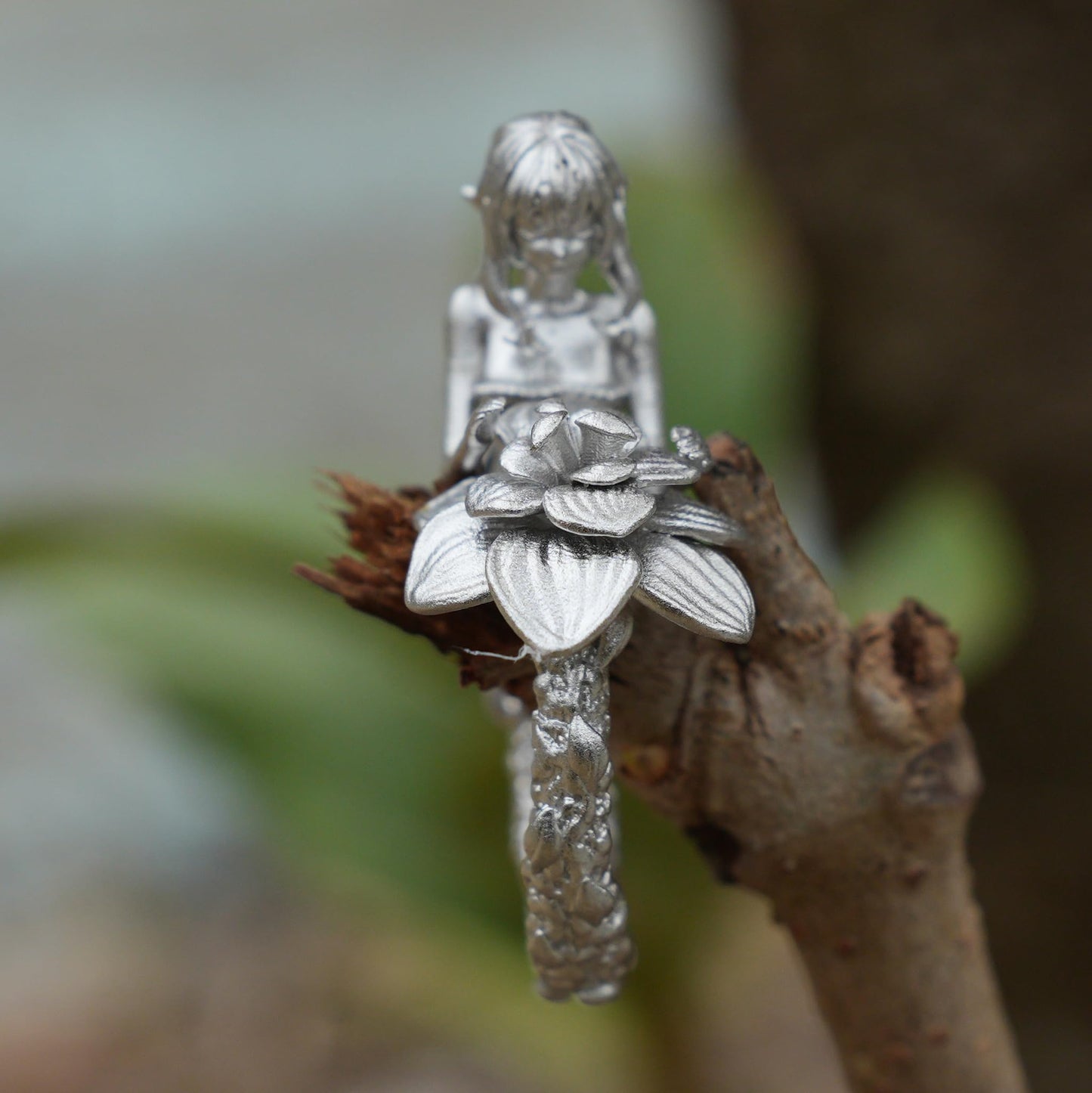 Fairy Flower Ring in 925 Sterling Silver | Handmade Fantasy Jewelry with Phantom Stone | Nature-Inspired Gift for Her