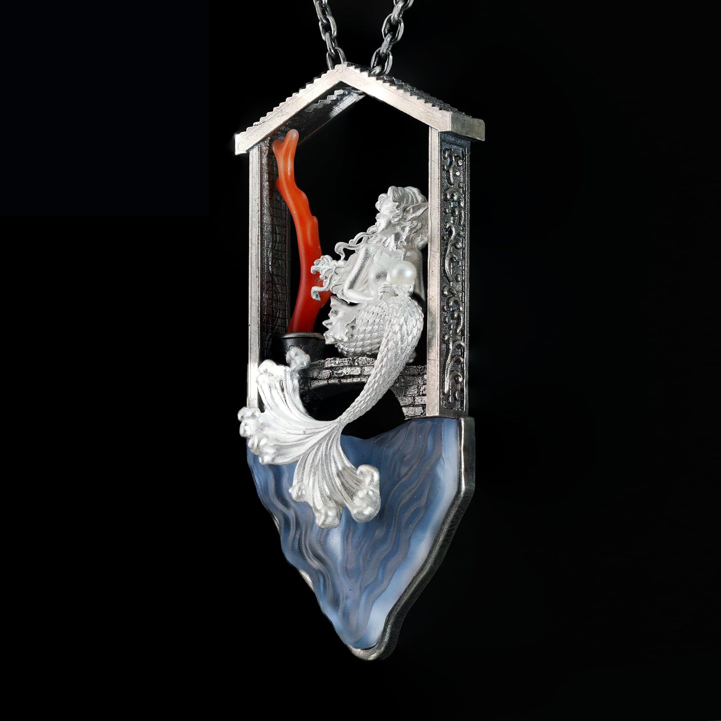 Handcrafted Mermaid Pendant Necklace with Pearl & Coral | Sterling Silver Ocean Fairy Jewelry | Mythical Sea Spirit Gift for Her