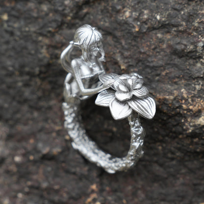 Fairy Flower Ring in 925 Sterling Silver | Handmade Fantasy Jewelry with Phantom Stone | Nature-Inspired Gift for Her