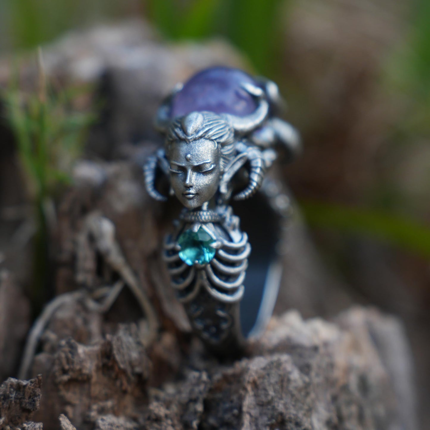 Amethyst & Aquamarine Ring in 925 Sterling Silver | Handmade Fantasy Jewelry | Artisan Gift for Collectors