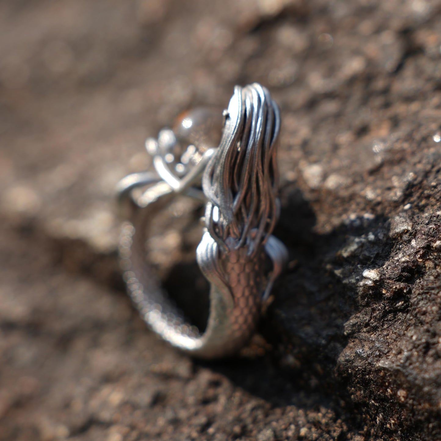 925 Silver Mermaid Ring with Phantom Quartz | Handmade Ocean Fantasy Jewelry | Symbolic Underwater Gift for Her