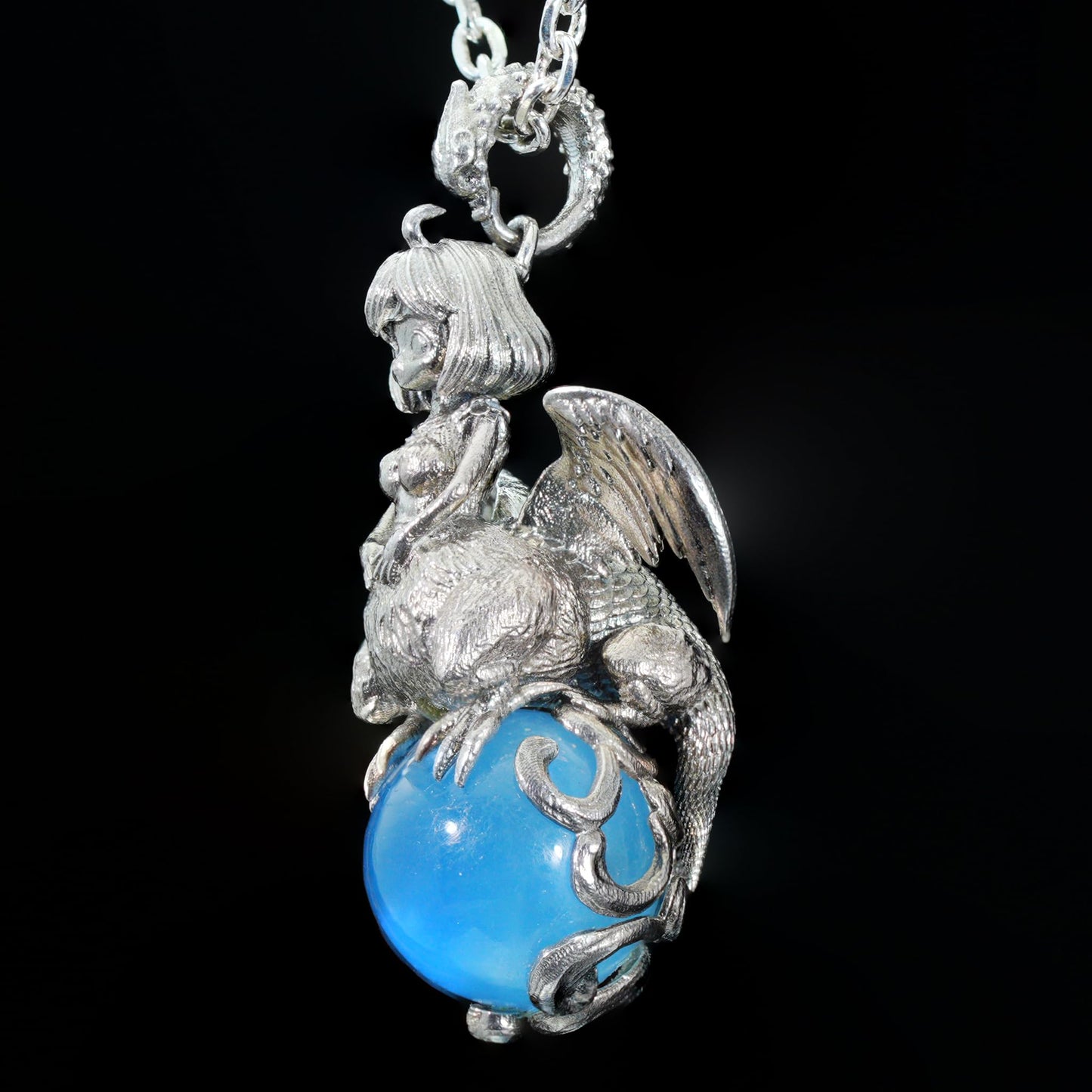 Mystical Harpy Pendant | 925 Sterling Silver Necklace with Aquamarine | Handmade Fantasy Jewelry Gift for Collectors & Myth Lovers