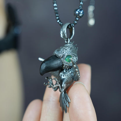 Shoebill Bird Pendant in 925 Sterling Silver with Black Agate & Green Tourmaline | Handmade Nature-Inspired Jewelry for Bird Lovers