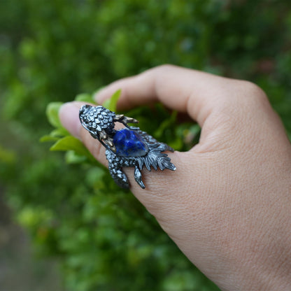 Dragon Turtle Ring with Lapis Lazuli & Onyx | Handcrafted Myth-Inspired Signet Ring for Protection & Inner Strength