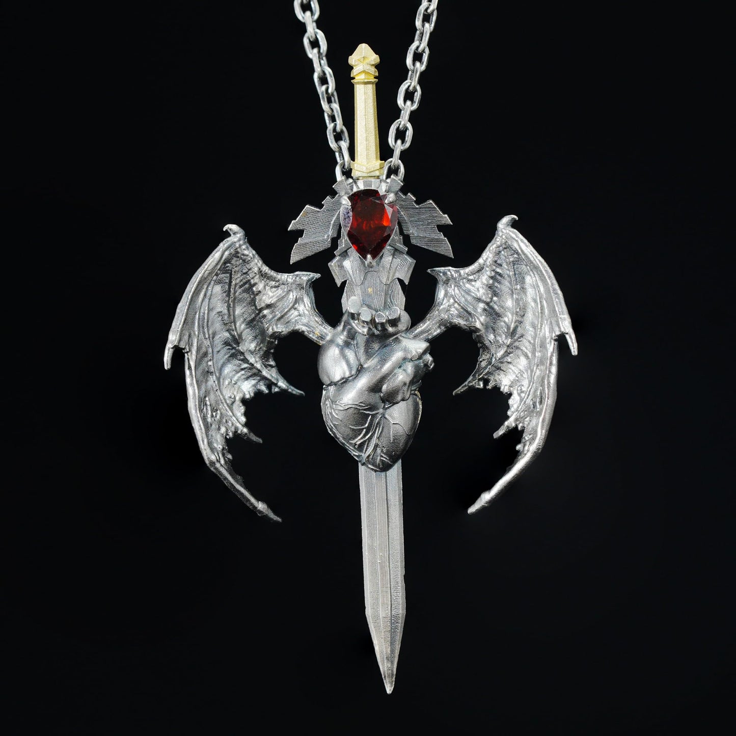 Guardian Heartblade Necklace in 925 Sterling Silver | Garnet Heart Pendant Symbolizing Vitality & Courage | Handmade Gothic Jewelry Gift