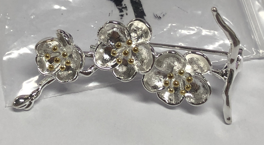 Peach Blossom Brooch for Women | Floral Oriental Style Pin | Vintage Silver-Tone Romantic Brooch | Spring Jewelry Gift
