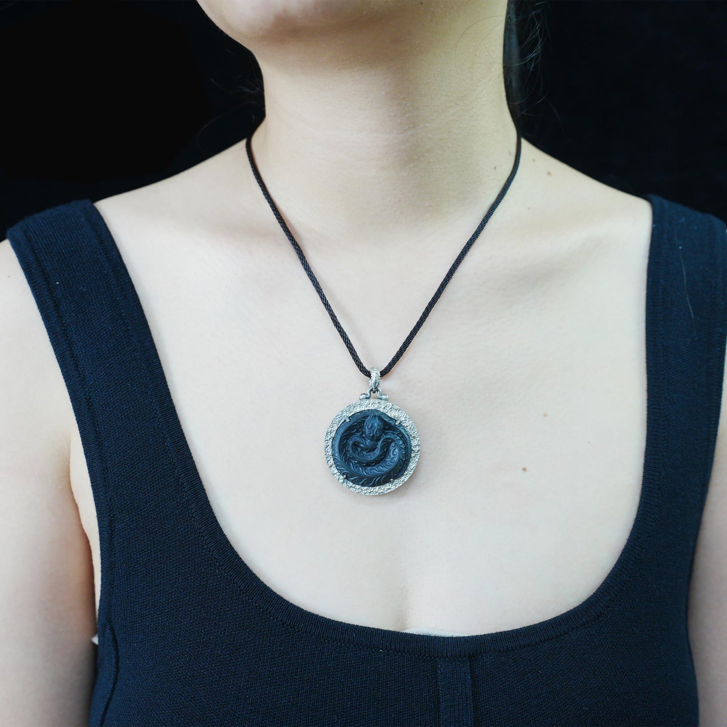 Mystic Black Jade Dragon Amulet Necklace | 925 Sterling Silver Totem Pendant | Taoist Spirit Guardian Talisman | Handmade Gothic Asian Jewelry