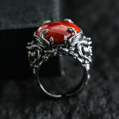 925 Silver Medusa Ring with Red Agate | Handmade Gothic Baroque Jewelry | Fantasy Statement Ring for Dark Aesthetics