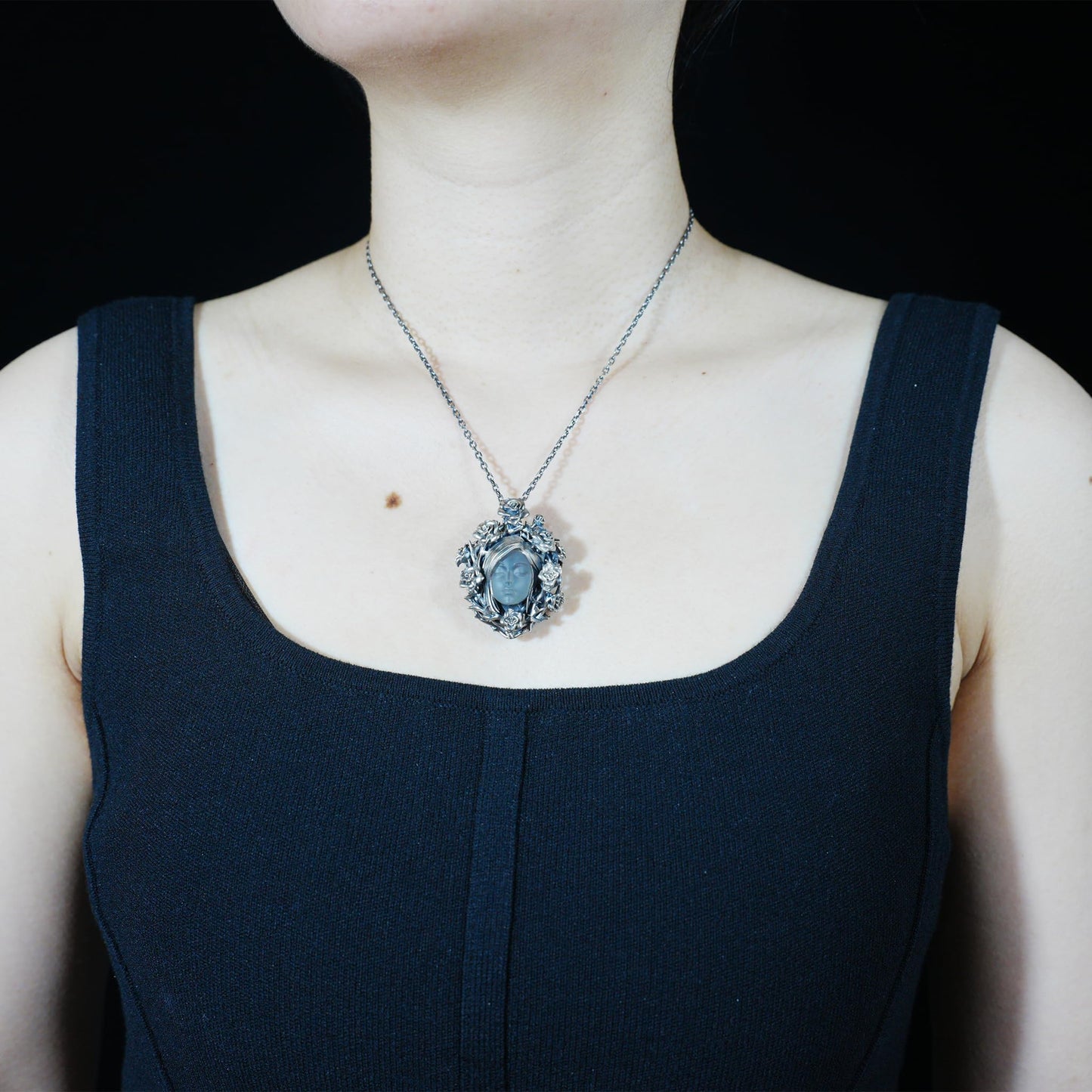 925 Sterling Silver Rose Wreath Pendant with White Crystal | Hand-Carved Cameo Necklace | Victorian Gothic Jewelry Gift