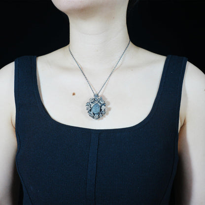 925 Sterling Silver Rose Wreath Pendant with White Crystal | Hand-Carved Cameo Necklace | Victorian Gothic Jewelry Gift