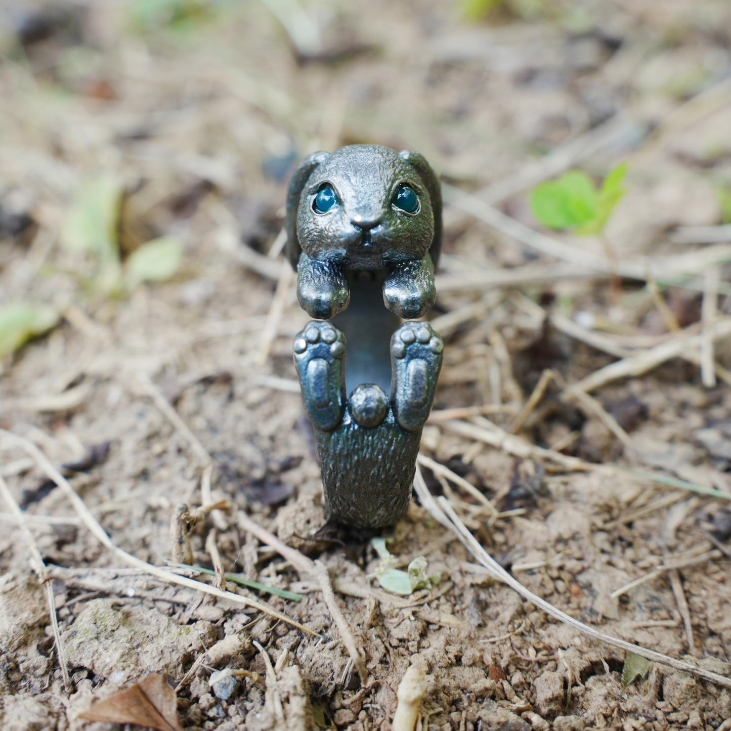 Handcrafted Rabbit Ring with Green Zircon, Spring Awakening Symbol, Unique Silver Jewelry