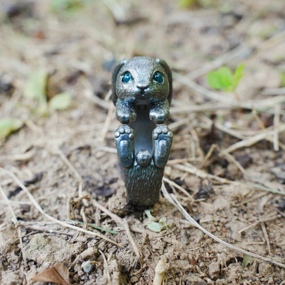 Handcrafted Rabbit Ring with Green Zircon, Spring Awakening Symbol, Unique Silver Jewelry