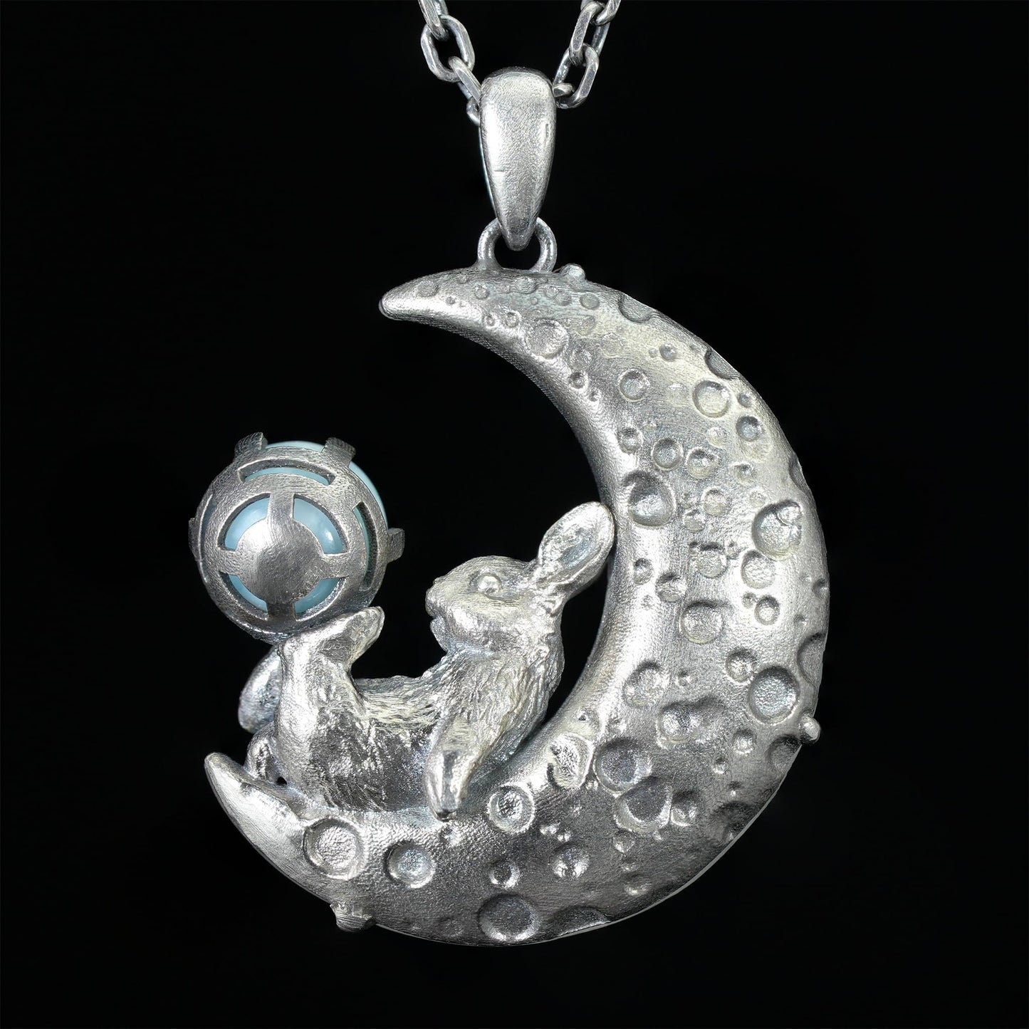 Rabbit Pendant with Larimar & White Quartz Moon | Handcrafted Fantasy Jewelry | Celestial Totem Gift for Serenity