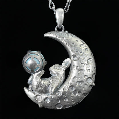 Rabbit Pendant with Larimar & White Quartz Moon | Handcrafted Fantasy Jewelry | Celestial Totem Gift for Serenity