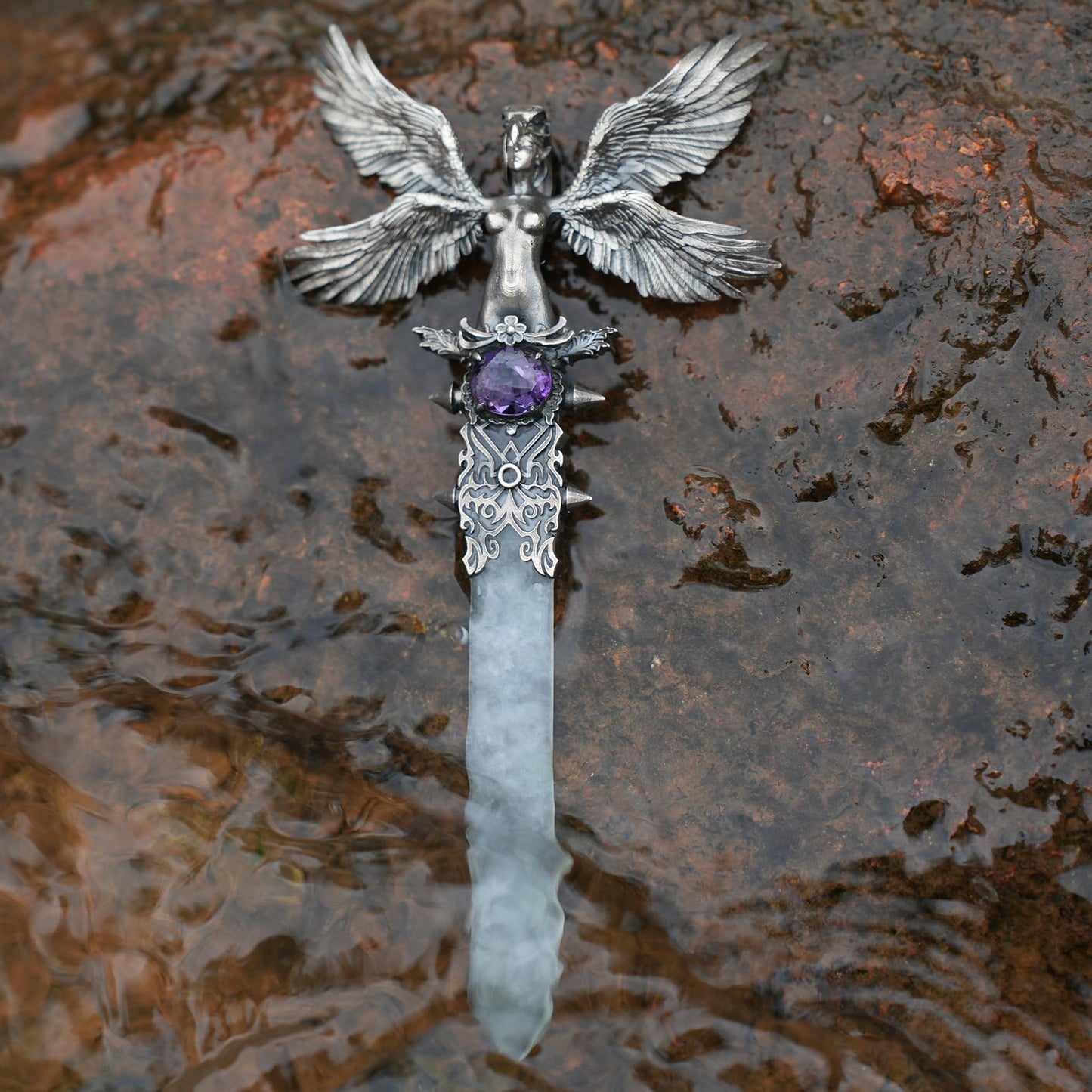 Handcrafted 925 Silver Winged Goddess Sword Pendant with Amethyst & Jade | Nordic Myth Fantasy Protection Amulet Jewelry