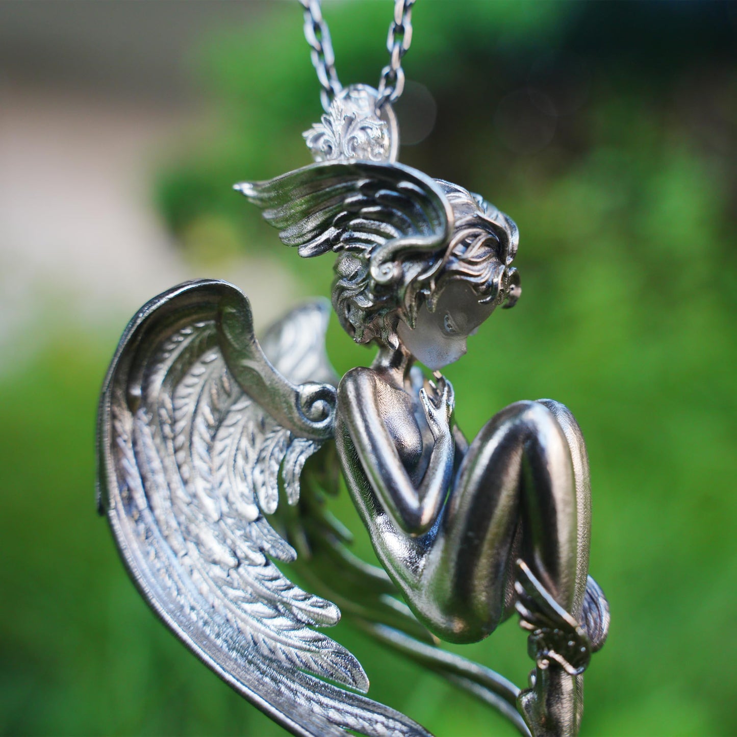 Angel Guardian Pendant | 925 Sterling Silver Gothic Sculpture Necklace with Wings & Clear Quartz | Handcrafted Fantasy Jewelry Gift