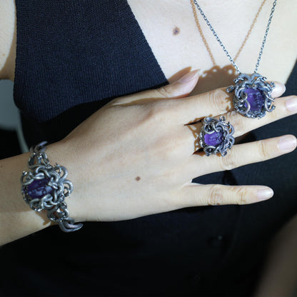 Medusa Amethyst Jewelry Set | 925 Sterling Silver Pendant, Ring & Bracelet | Gothic Mythology-Inspired Handmade Statement Jewelry Gift