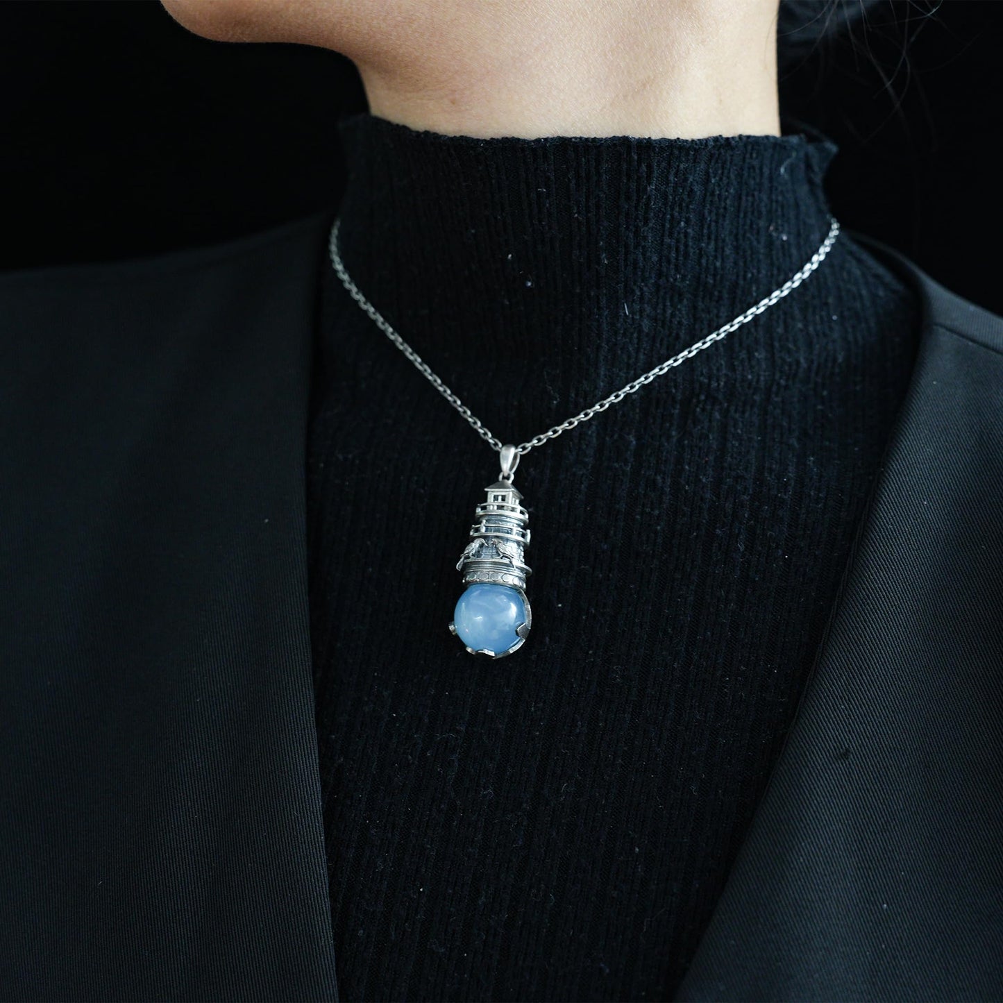 Lighthouse Aquamarine Pendant | 925 Sterling Silver Nautical Talisman | Handmade Pendant of Protection, Safe Return & Hope Gift for Ocean Lovers