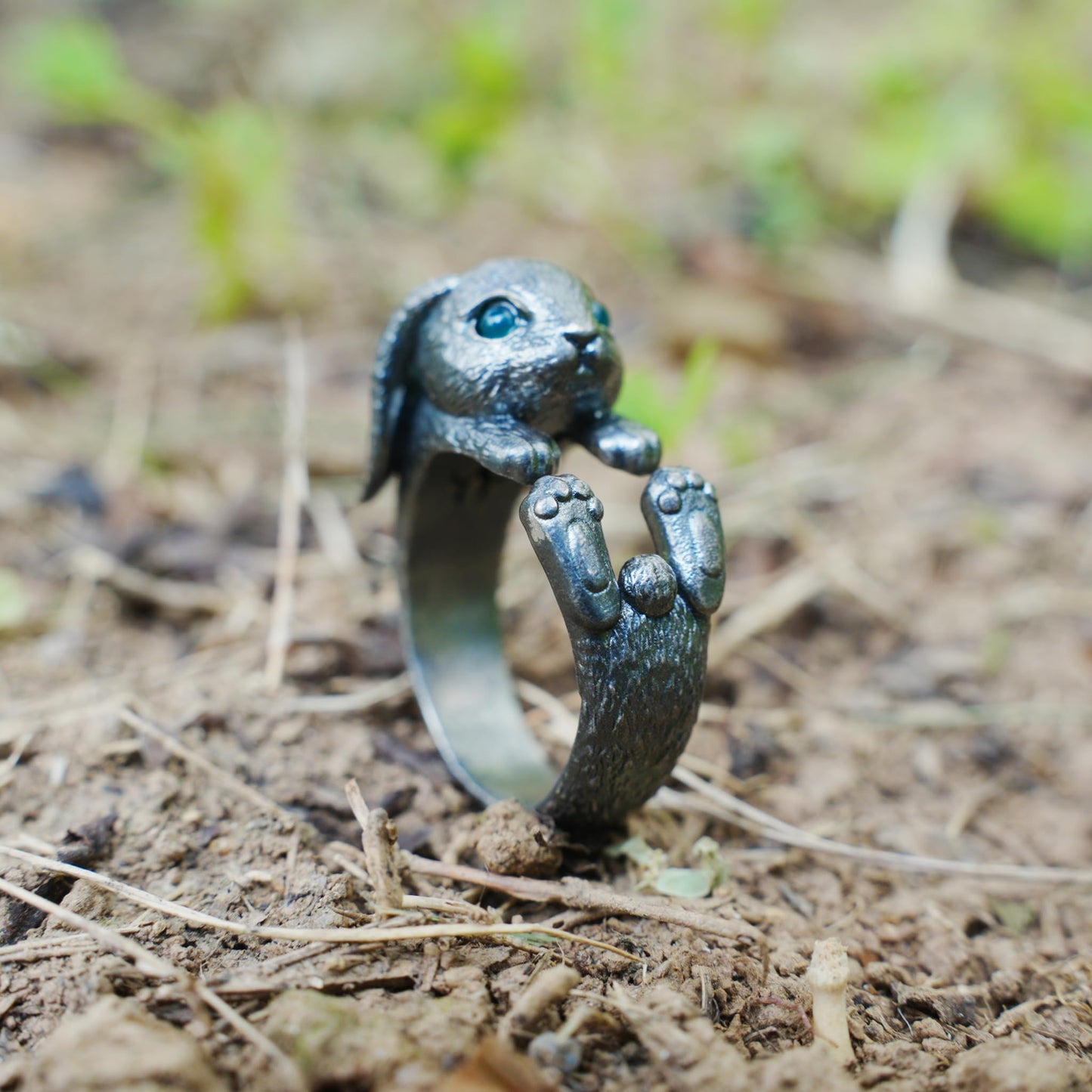 Handcrafted Rabbit Ring with Green Zircon, Spring Awakening Symbol, Unique Silver Jewelry