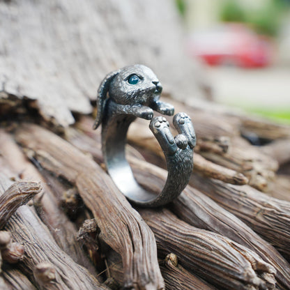 Handcrafted Rabbit Ring with Green Zircon, Spring Awakening Symbol, Unique Silver Jewelry