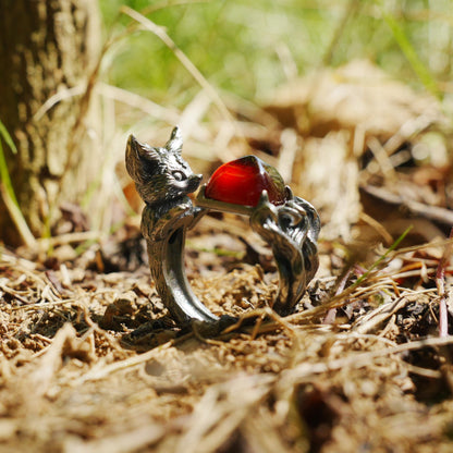 Fox Ring Garnet Protection Talisman | Fantasy Animal Jewelry | Handmade Nature Spirit Ring | Woodland Amulet for Inner Desire