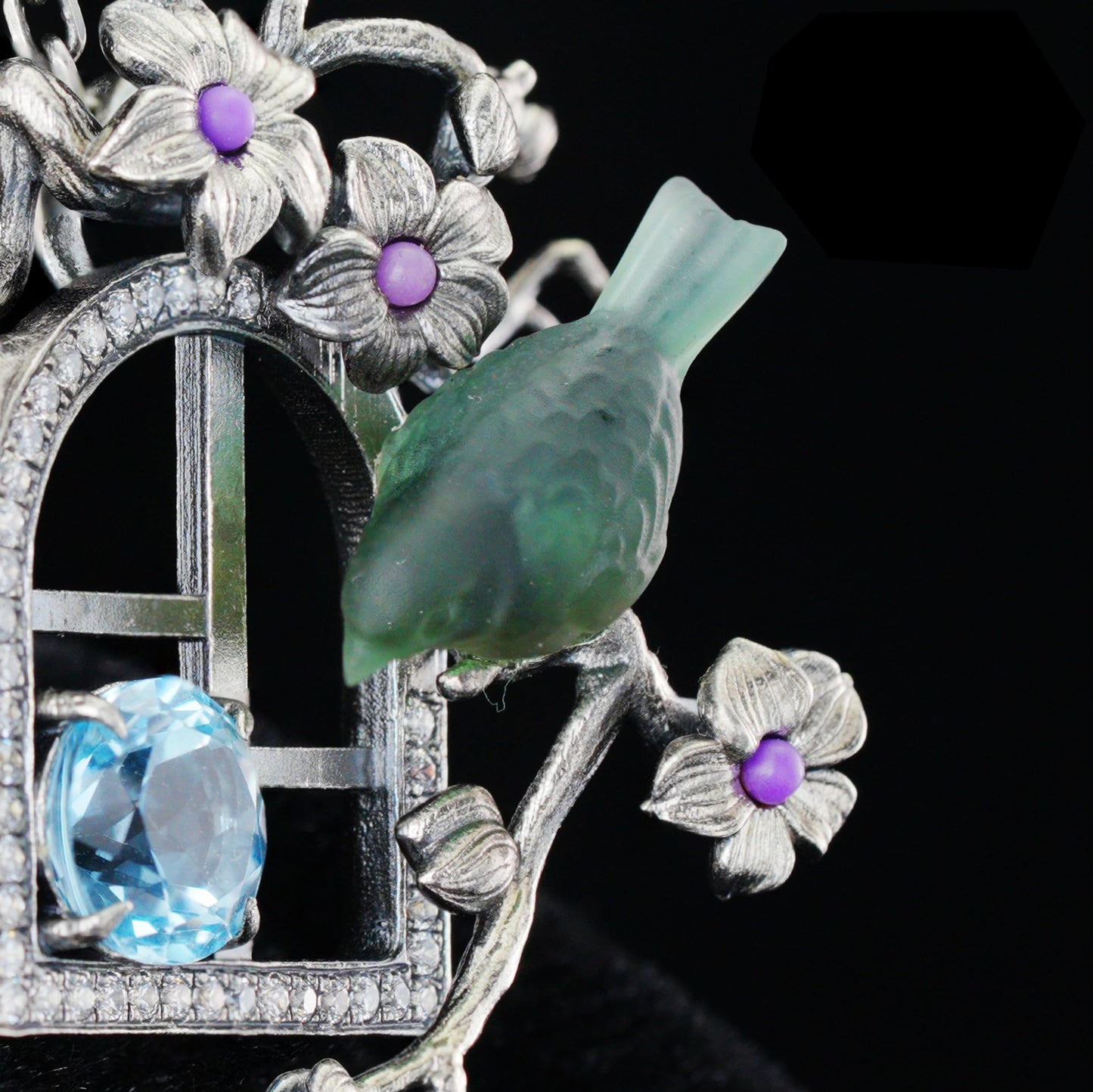 Green Bird Pendant Necklace at Window | Hand-Carved Silver Floral Bird Jewelry | Whimsical Springtime Gift for Nature Lovers and Dreamers