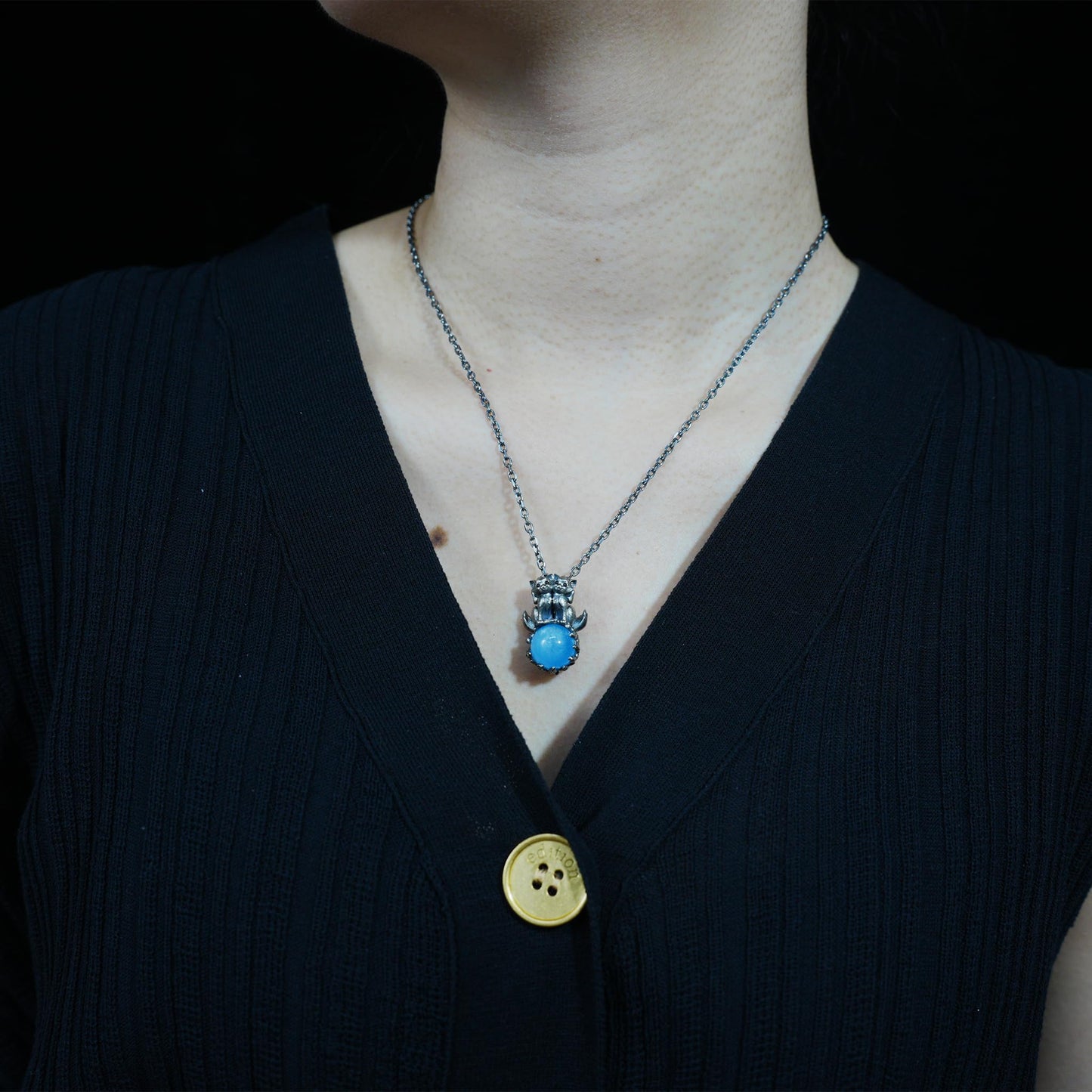 925 Silver Fox Totem Pendant with Aquamarine | Handmade Fantasy Amulet Necklace | Twin Guardian Spirit Jewelry Gift