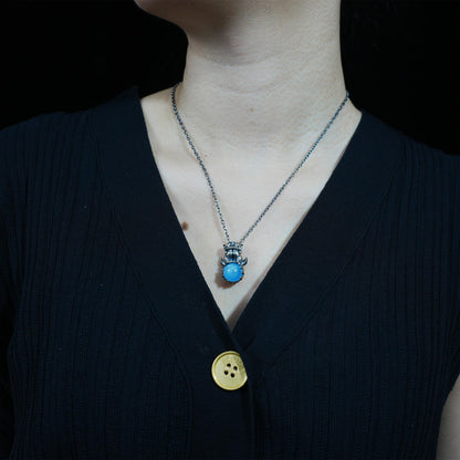 925 Silver Fox Totem Pendant with Aquamarine | Handmade Fantasy Amulet Necklace | Twin Guardian Spirit Jewelry Gift