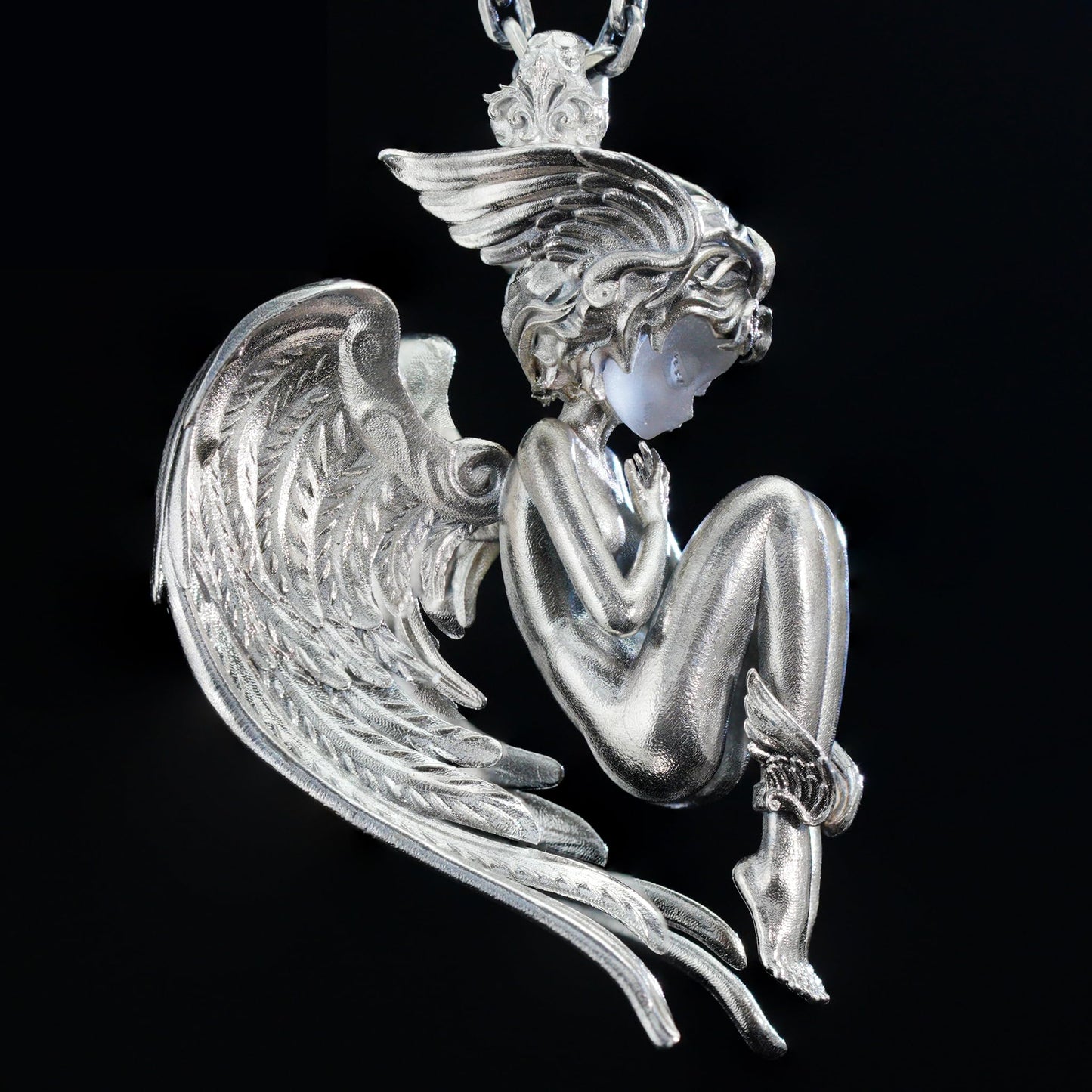 Angel Guardian Pendant | 925 Sterling Silver Gothic Sculpture Necklace with Wings & Clear Quartz | Handcrafted Fantasy Jewelry Gift
