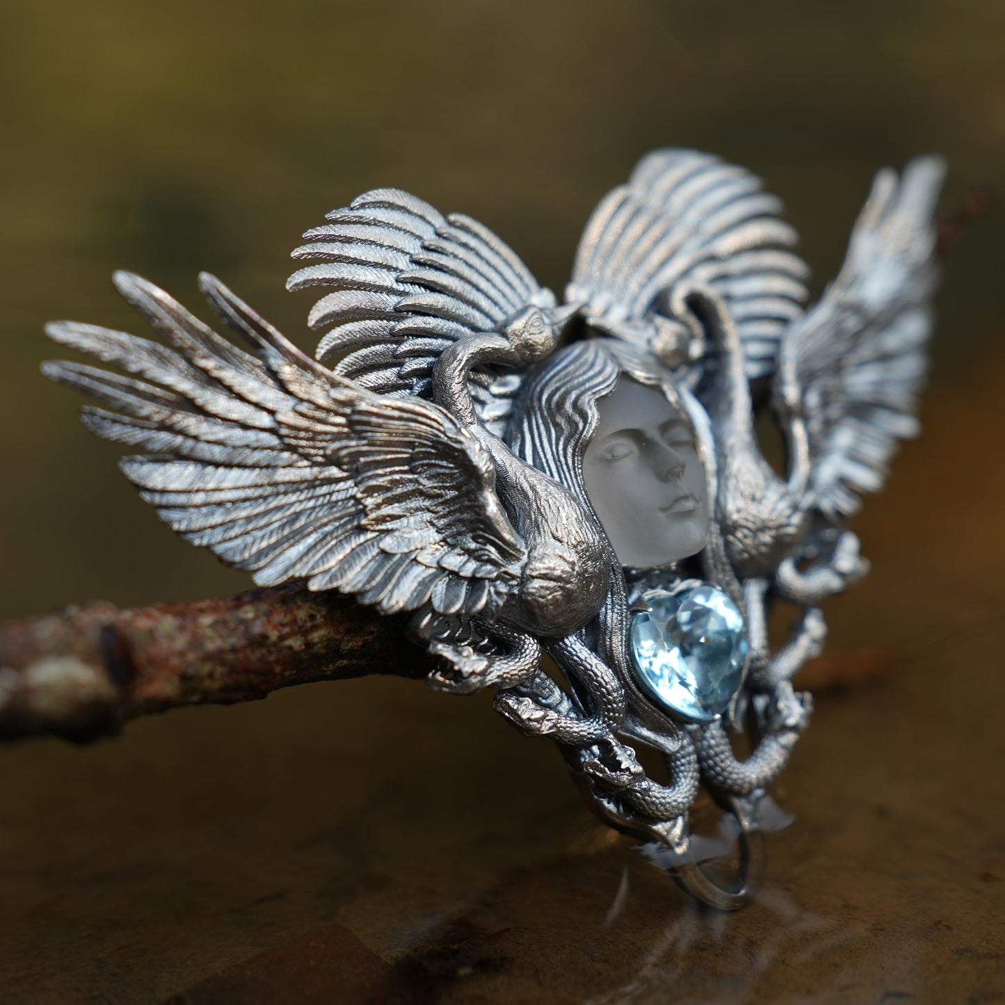 Forest Goddess Pendant | 925 Sterling Silver Handmade Jewelry | White Crystal & Sky Blue Topaz Amulet | Symbol of Purity & Protection