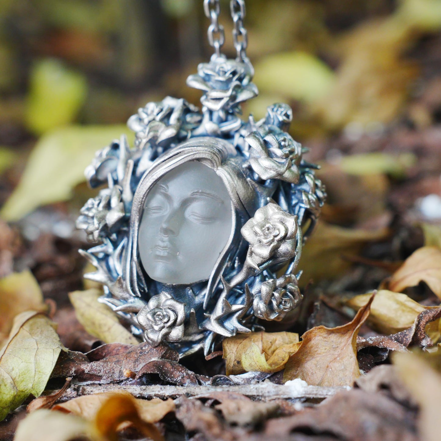 925 Sterling Silver Rose Wreath Pendant with White Crystal | Hand-Carved Cameo Necklace | Victorian Gothic Jewelry Gift