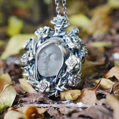 925 Sterling Silver Rose Wreath Pendant with White Crystal | Hand-Carved Cameo Necklace | Victorian Gothic Jewelry Gift