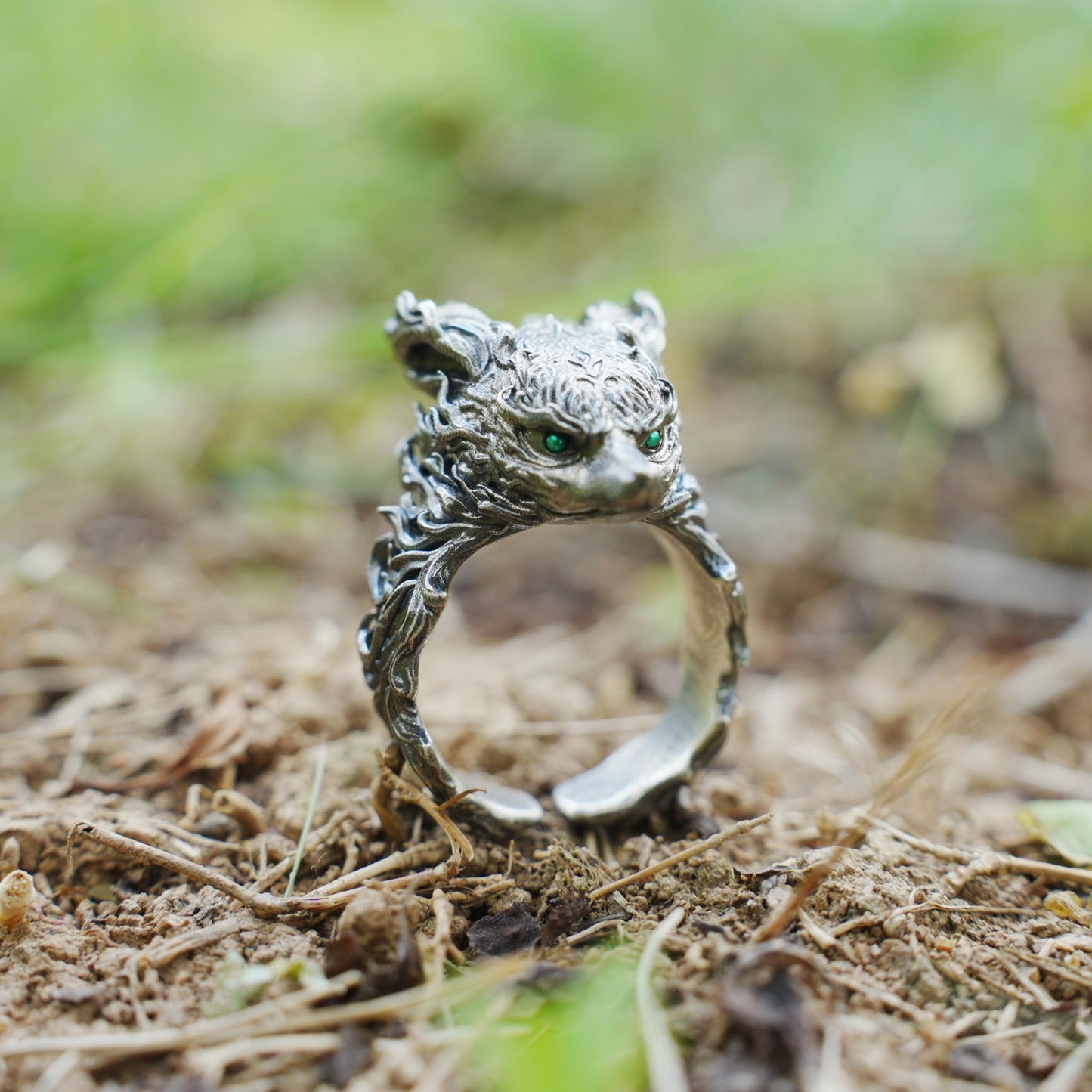 Fox Totem Ring in 925 Silver with Green Zircon Eyes | Handmade Spirit Guardian Animal Jewelry
