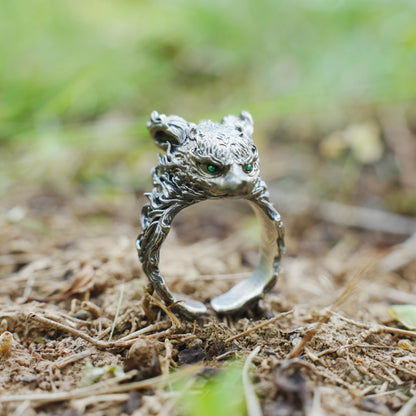 Fox Totem Ring in 925 Silver with Green Zircon Eyes | Handmade Spirit Guardian Animal Jewelry