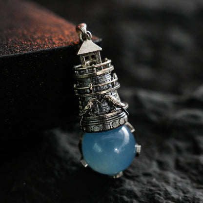 Lighthouse Aquamarine Pendant | 925 Sterling Silver Nautical Talisman | Handmade Pendant of Protection, Safe Return & Hope Gift for Ocean Lovers