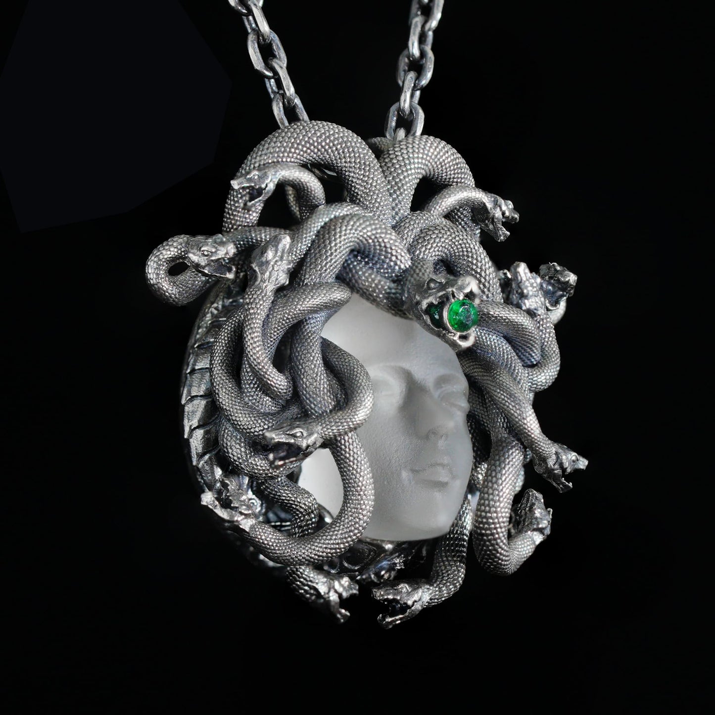 Sleeping Eye Medusa Pendant | 925 Silver Goddess Amulet with Quartz & Emerald | Symbol of Inner Wisdom, Stillness & Spiritual Awakening