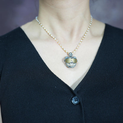 Armored Adventure Panda Pendant | 925 Silver & Brass Jewelry | Movable Sunglasses Design | Whimsical Guardian Amulet for Adventure Lovers