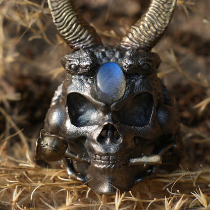 Underworld Guardian Ring, Skull Totem with Labradorite Eye, Horns of Judgment, Nordic Dark Mythology-Inspired Statement Jewelry