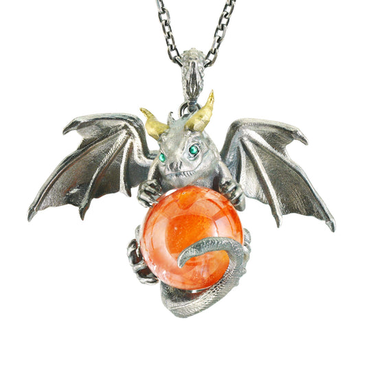 Dragon Pendant with Orange Crystal | Gothic Fantasy Necklace | Handmade Symbolic Talisman for Men & Women