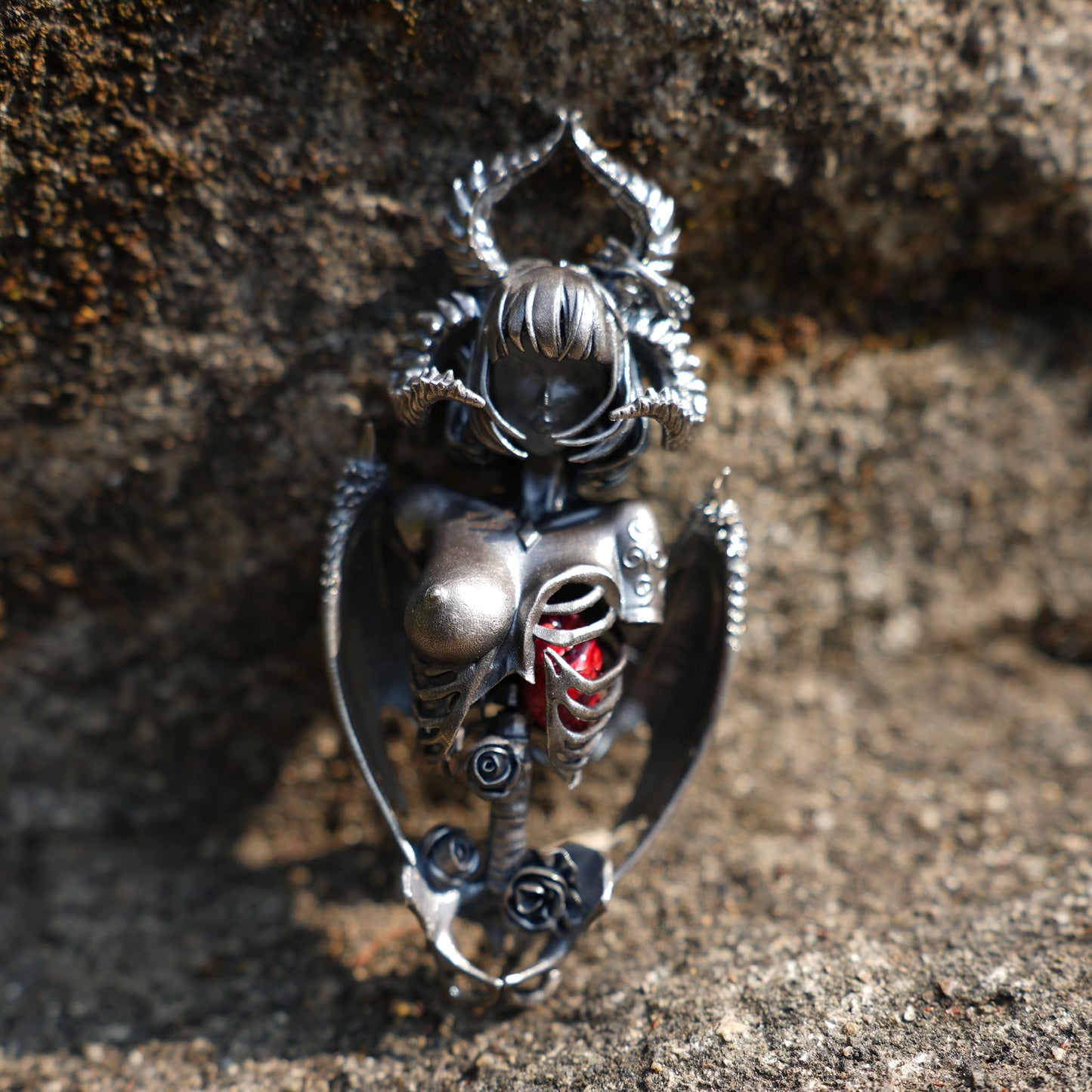 Dark Enchantress Pendant | 925 Sterling Silver Gothic Necklace with Crimson Enamel Heart | Handcrafted Fantasy Jewelry for Dark Aesthetics
