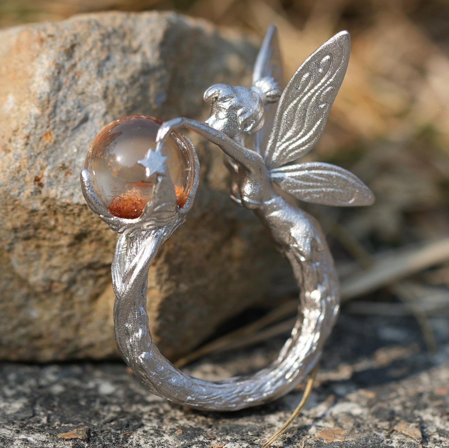 925 Sterling Silver Forest Elf Ring with Natural Phantom Quartz | Handcrafted Nature Fantasy Jewelry | Symbolic Ring for Nature Lovers