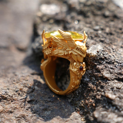 Valkyrie Oath Ring | Handmade Norse Goddess Gold Ring with Citrine & Ruby | Symbol of Courage, Strength & Loyalty | Nordic Myth Jewelry