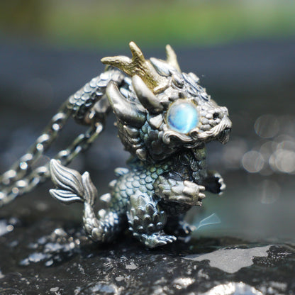 Handmade Fantasy Jewelry | Dragon Totem Necklace | Silver–Copper Bicolor Horn Crown | Labradorite Blue Eye | Handmade Gift