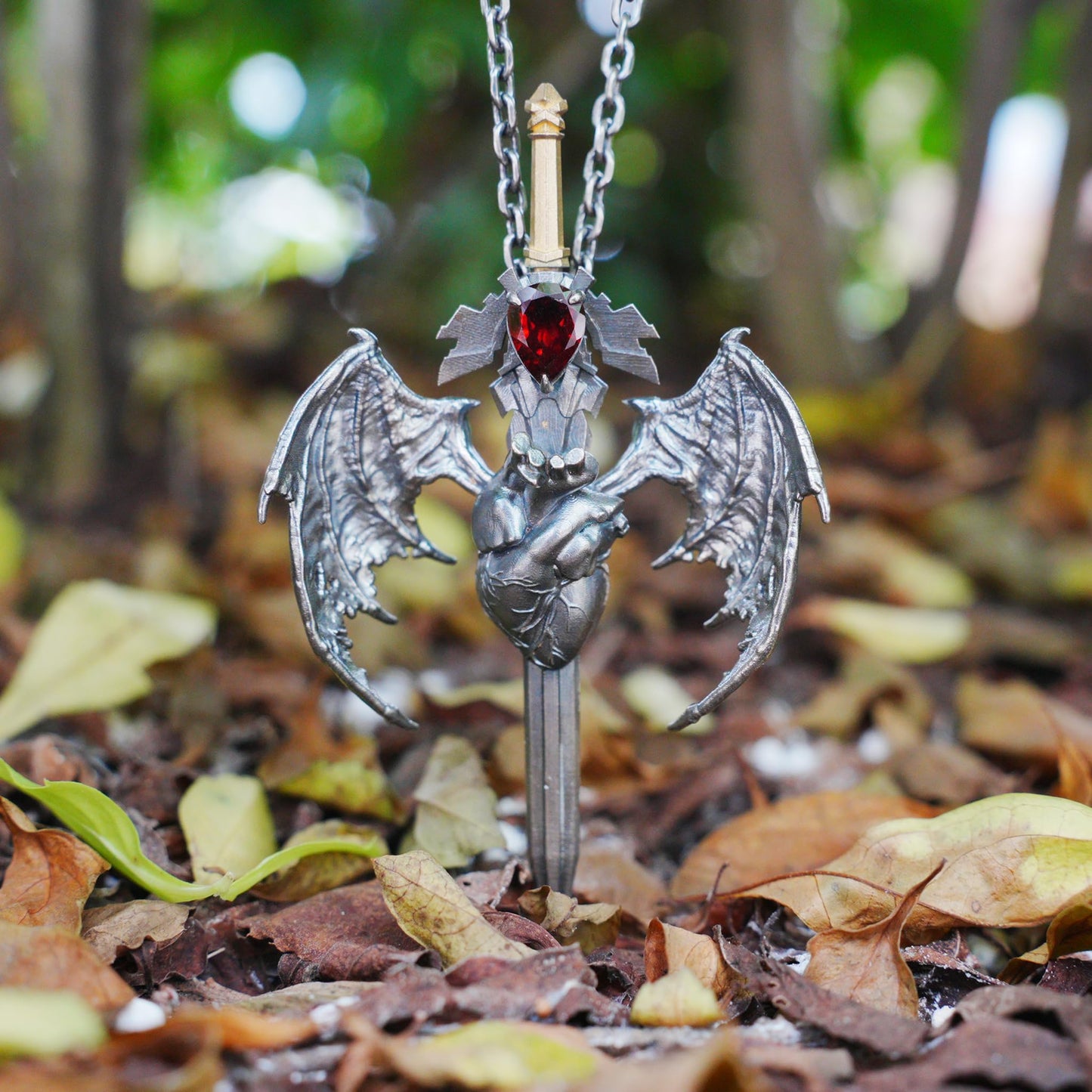 Guardian Heartblade Necklace in 925 Sterling Silver | Garnet Heart Pendant Symbolizing Vitality & Courage | Handmade Gothic Jewelry Gift