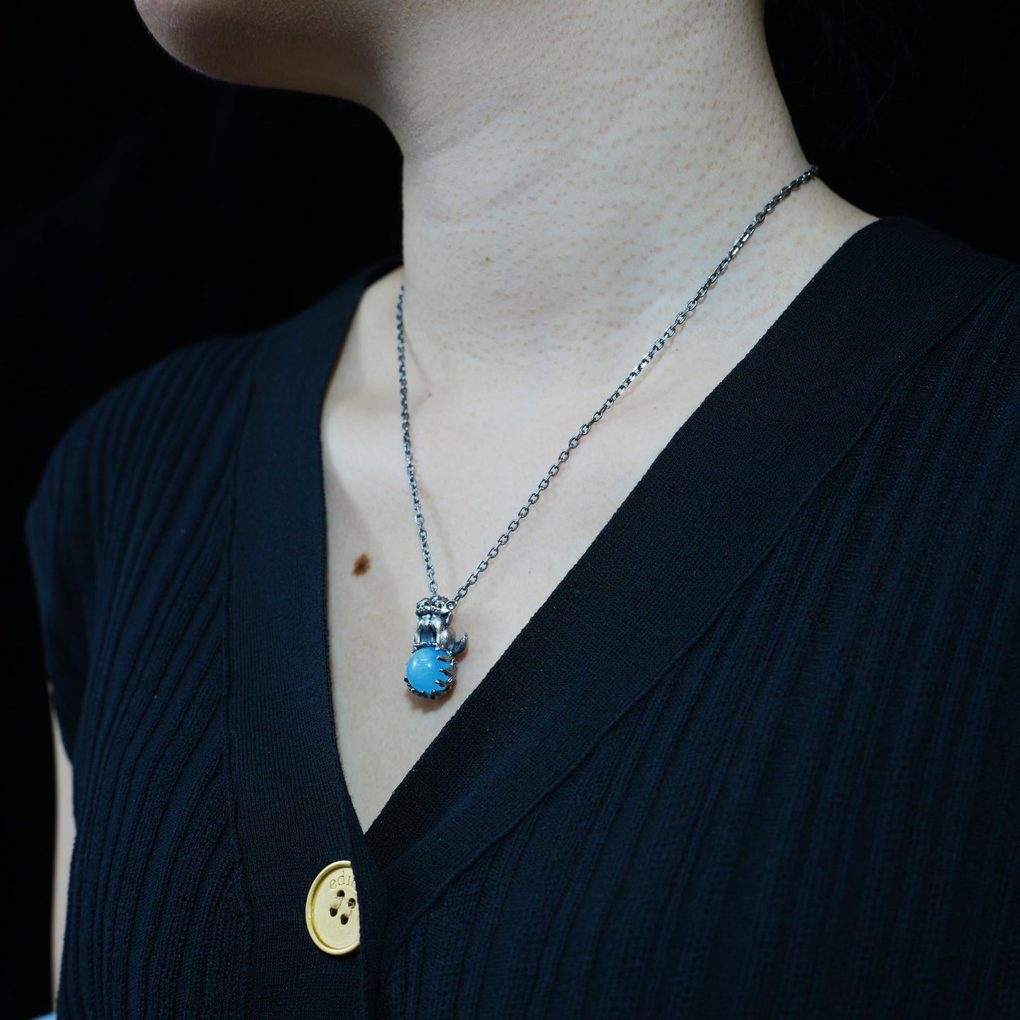 925 Silver Fox Totem Pendant with Aquamarine | Handmade Fantasy Amulet Necklace | Twin Guardian Spirit Jewelry Gift