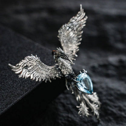 Handmade Phoenix Pendant Brooch | 925 Silver Jewelry with Aquamarine | Symbol of Rebirth & Strength | Gothic Fantasy Gift for Her