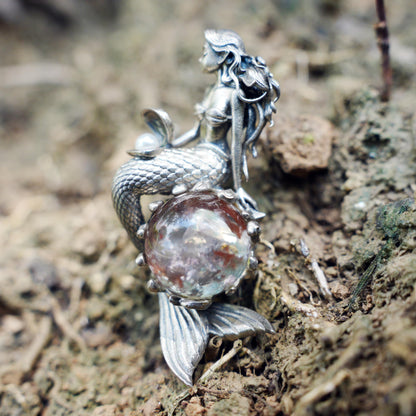 925 Silver Mermaid Pendant with Phantom Quartz & Pearl | Handmade Ocean Fantasy Amulet Necklace | Mythical Sea Spirit Jewelry Gift