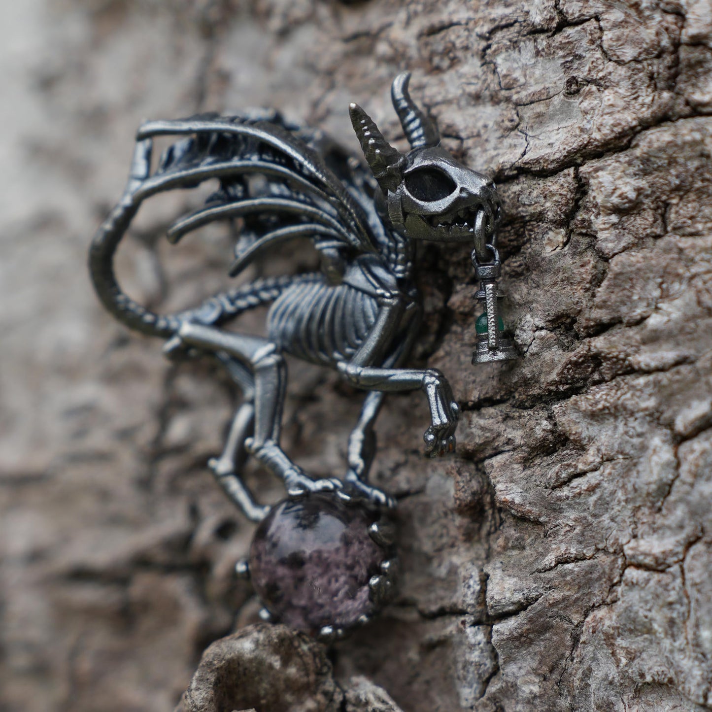 Dark Wings Dragon Pendant | Handmade 925 Silver Gothic Jewelry with Phantom Quartz | Fantasy Amulet for Magic & Mystery Lovers