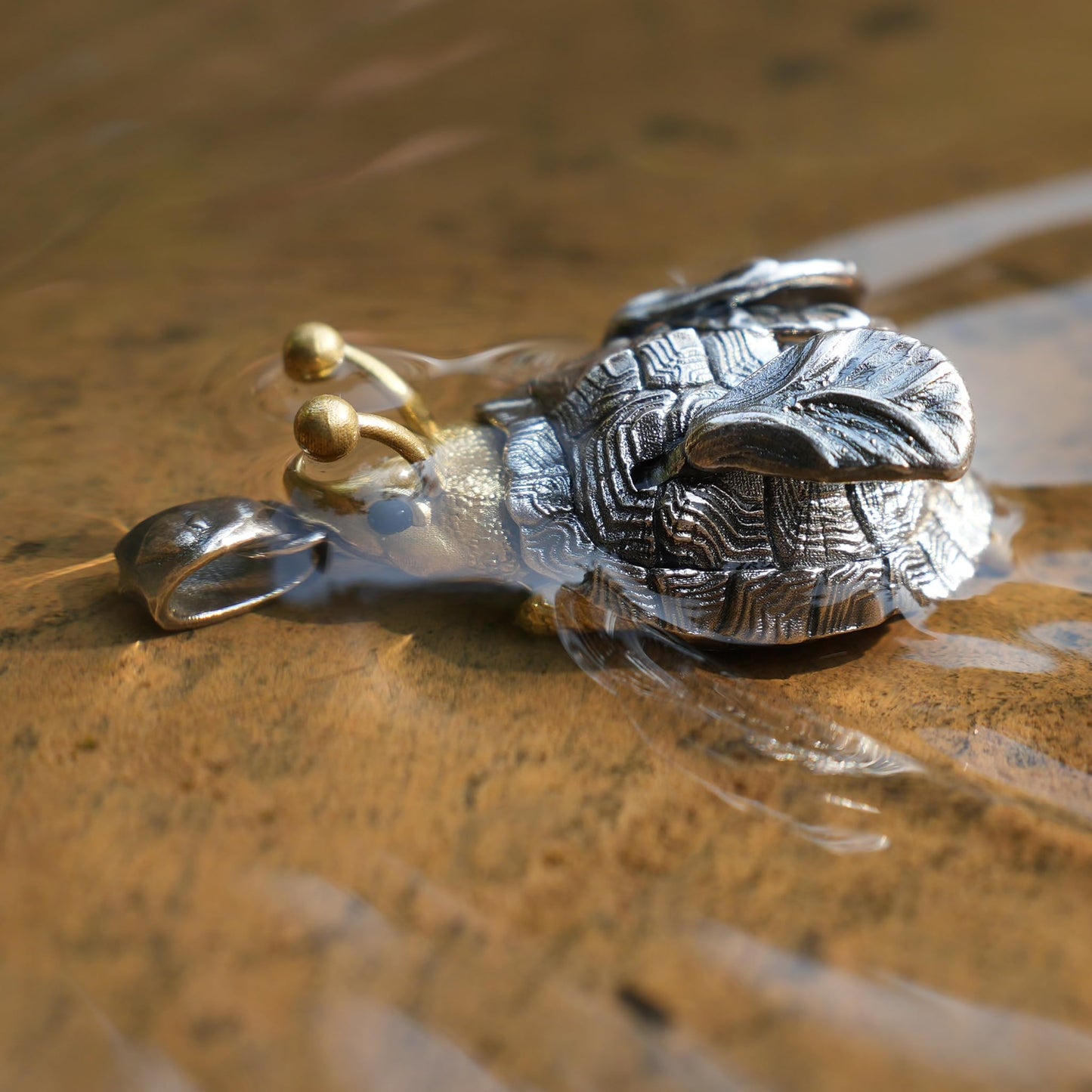 Flying Turtle Pendant | Handmade Silver & Brass Animal Amulet | Fantasy Jewelry Gift for Nature Lovers & Dreamy Souls