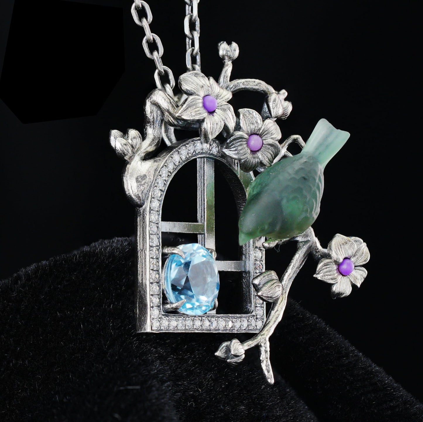 Green Bird Pendant Necklace at Window | Hand-Carved Silver Floral Bird Jewelry | Whimsical Springtime Gift for Nature Lovers and Dreamers